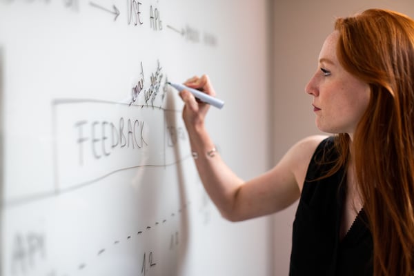 person writing on a whiteboard