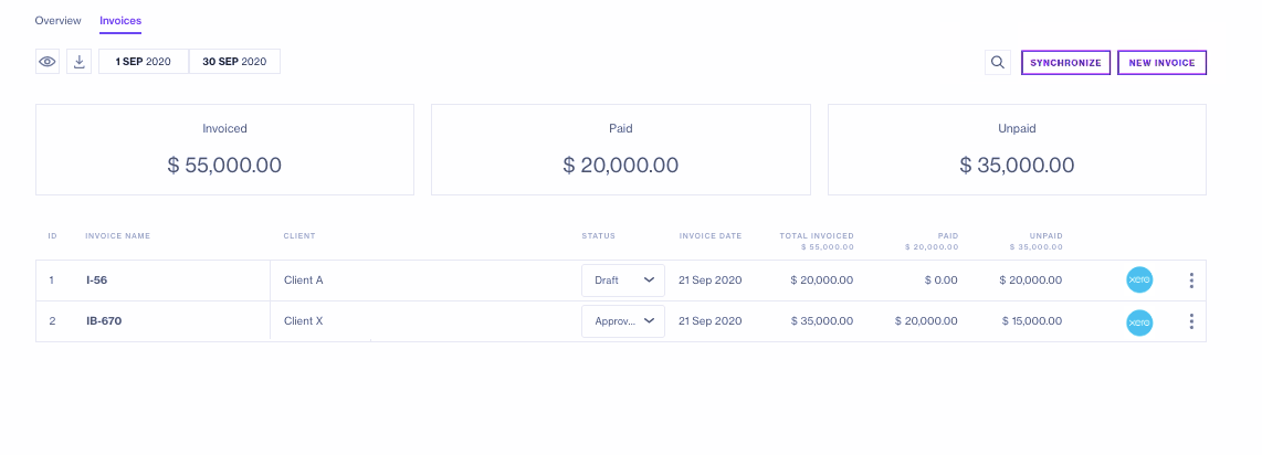 Xero Invoicing view